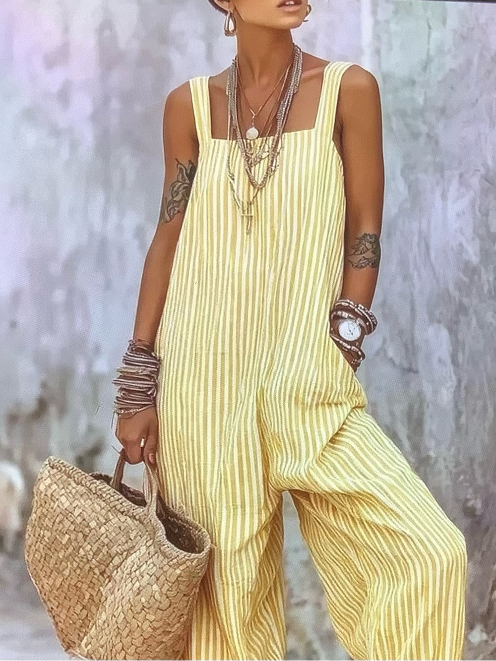 Light Yellow Striped Wide-Leg Jumpsuit - Ladies